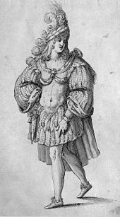 Costume for a Knight, by Inigo Jones: the plumed helmet, the "heroic torso" in armour and other conventions were still employed for opera seria in the 18th century. IJonesKnightmasque.jpg