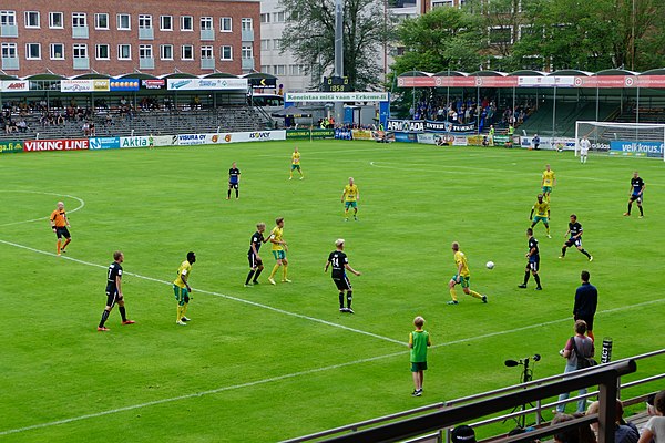 Football teams FC Ilves and FC Inter in a Veikkausliiga match at Tammela Stadium in Tampere, Finland, in August 2016.