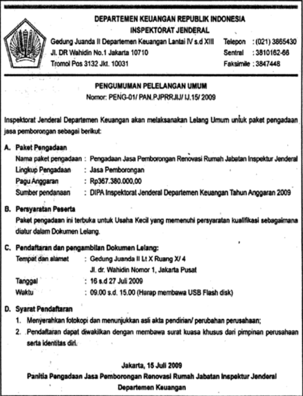 A tender announcement from the Indonesian Ministry of Finance