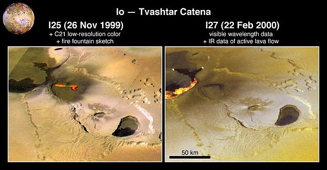 Tvashtar Catena on Io, showing changes in hot spots between 1999 and 2000 Io - Tvashtar Catena.jpg