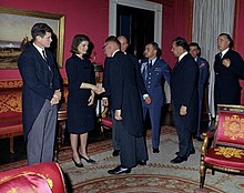 Jacqueline Kennedy and Ted Kennedy greeting Jiri Hajek, Karel Duda, Prince Bertil of Sweden, Tage Erlander, Olof Palme, Angier Biddle Duke, and Brigadier General Godfrey McHugh in the Red Room after President Kennedy's funeral, November 25, 1963. JFKWHP-KN-C30698 State funeral of President Kennedy. White House, post funeral reception. Jacqueline Kennedy with Permanent Representative to the United Nations from Czechoslovakia, Jiri Hajek (cropped).jpg