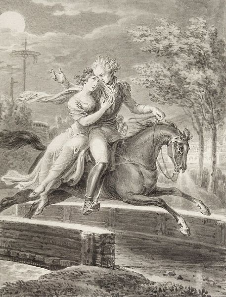 Lenore and William riding on horseback, as depicted by Johann David Schubert.