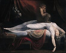 Painting of a woman wearing white sleeping and dreaming. She is laying on a bed with her arms thrown back in abandon. On top of her chest is sitting a grotesque goblin. From behind the red curtains at the back of the painting, a horse's head with dull white eyes is peering.