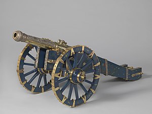 Exquisite Sinhalese bronze cannon with intricate silver and gold inlay, gifted to King Vijaya Rajasingha in 1745 by Lewuke, the Disawa or Lord of the four Korles district. Kanon Singalees kanon of Lewuke's kanon, NG-NM-1015.jpg