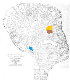 Map of Key Marco, showing the pond known as the "Court of the Pile Dwellers" in blue, the Van Beck excavation of 1964 in gold, and the Widmer excavation of 1995 in brown.
