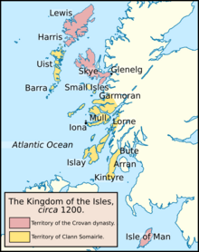 The division between the lands of the Crovan dynasty and Clann Somhairle, in about 1200. Kingdom of the Isles, circa 1200 (png version) 02.png