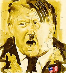 A yellow painting of the faces of Donald Trump and Adolf Hitler blended into one.