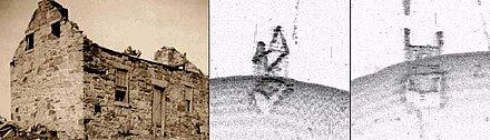Rock house settlement seen on left in 1927 while Lake Murray (South Carolina) was under construction, middle and right are two angles of aspect on Side-scan sonar in 100 ft of fresh water under the lake in 2005