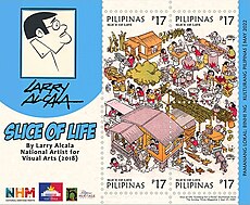 A stamp sheet highlighting Slice of Life by Larry Alcala, issued in 2022. Larry Alcala 2022 stampsheet of the Philippines.jpg