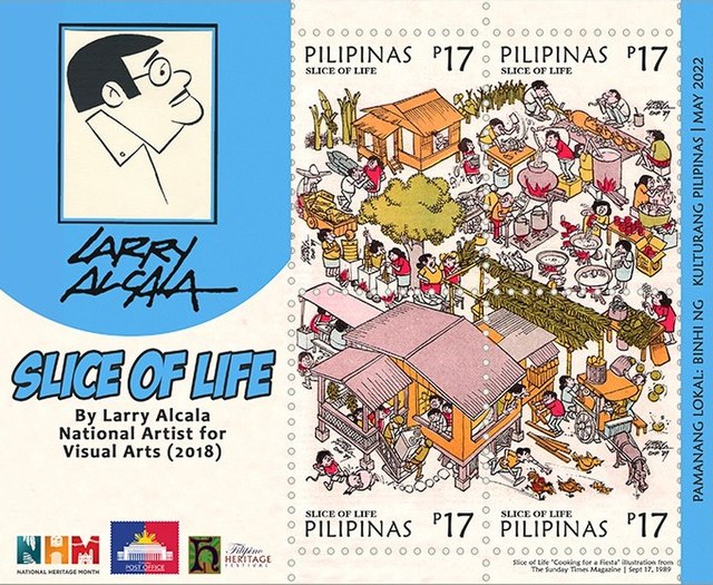 A stamp sheet highlighting Slice of Life by Larry Alcala, issued in 2022.