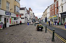 Long Street: Atherstone's main shopping street in the centre of the town, and also the historic route of Watling Street Long Street, Atherstone, geograph 6601482 by Stephen McKay.jpg