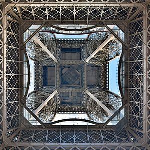 Looking up the center of the Eiffel Tower 2016