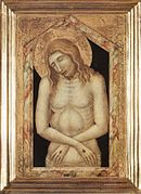 Peinture représentant le haut du corps d'un homme barbu mort, les mains et le côté percés.Homme de douleurs de Pietro Lorenzetti, vers 1330.
