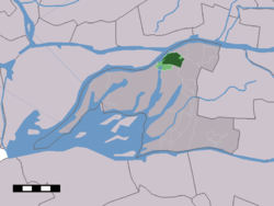 The town centre (dark green) and the statistical district (light green) of Werkendam in the municipality of Werkendam.
