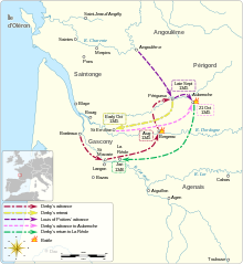 Mapa jihozápadní Francie v roce 1345 zobrazující hlavní přesuny vojsk mezi srpnem a listopadem