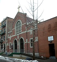 Street facade of church (in 2011) Mark Evangelist RCC 65 W138 Harlem jeh.jpg