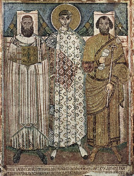 Mosaic from the church of Hagios Demetrios in Thessaloniki, late 7th or early 8th century, showing St. Demetrios with the bishop and the eparch