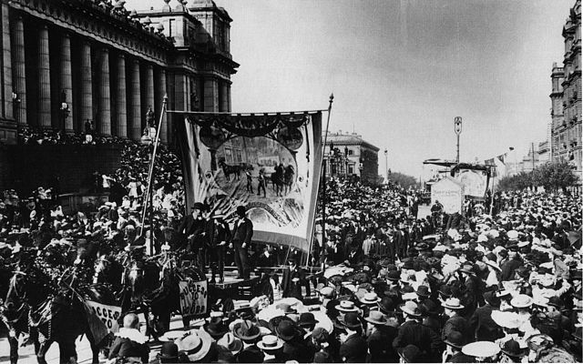 Eight-hour day march circa 1900, outside Parliament House in Spring Street, Melbourne