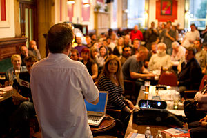 Photo of Brian Deer speaking at Skeptics in the Pub meeting in Liverpool