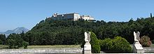 photo from a distance showing Monte Cassino Abbey on hill