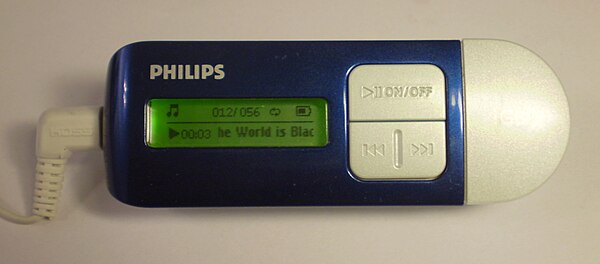 A Philips branded digital audio player with a monochrome display and green backlight, common on older devices including mobile phones and handheld gam