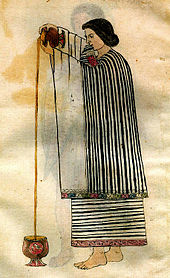 An Aztec woman generates foam by pouring chocolate from one vessel to another in the Codex Tudela Mujer vertiendo chocolate - Codex Tudela.jpg