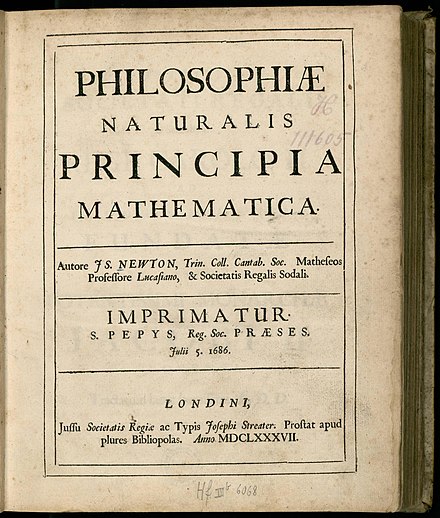 The first page of Isaac Newton's 1687 Philosophiæ Naturalis Principia Mathematica