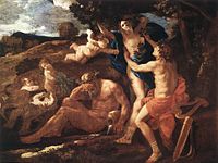 Cupid draws his bow as the river god Peneus averts his gaze in Apollo and Daphne (1625) by Poussin.