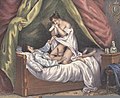सावधान प्रेमिका (१८६० की पेंटिंग्), निरोध को फुलाकर देख रही है कि कहीं उसमें छेद तो नहीं है। उस समय एक ही निरोध का उपयोग कई बार किया जाता था।