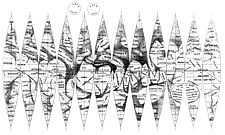 A shaded drawing of Martian albedo features is shown in a horizontal sequence of sinusoidal projections. The map is marked up with named features.