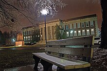 The James B. Dudley Memorial Building, is named for the university's second president, houses the university art galleries. Night Snow Dudley 1.jpg