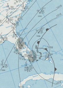 Surface analysis showing the cyclone on the morning of November 23, 1984 Nor'easter 1984-11-23 weather map.gif