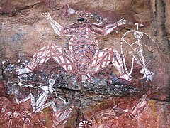 Art pariétal : Anbangbang Rock Shelter, Parc national de Kakadu, Australie. Repeint en 1962-64