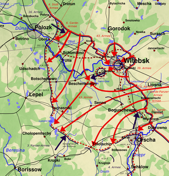 Map of the Vitebsk-Orsha Offensive, June 23-28, 1944. Note position of 11th Guards Army northeast of Orsha. Operation bagration battle wizebsk 1944 june 22-27.png