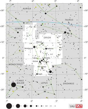 Avcı takımyıldızı'nın sınırlarını ve yıldızların konumlarını gösteren diyagram
