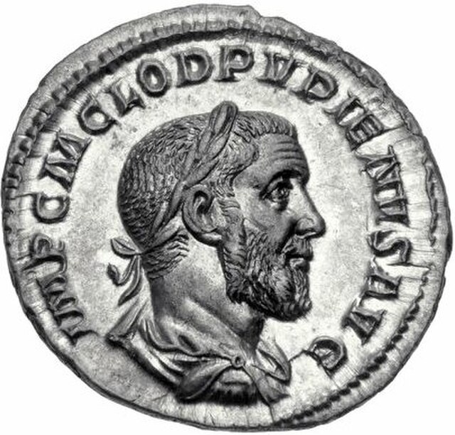 Denarius of Pupienus. Inscription: "IMP C M CLOD PUPIENUS AUG"