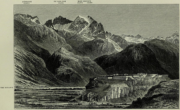 Montdauphin village on a hill at the foreground, then the the Durance and at the background the mountains of Ailefroide, Pic Sans Nom and Mont Pelvoux. At the edge of the drawing there is indication of altitude in feet Aléfroide (now known as Ailefroide) (12,878?); Pic Sans Nom (12845) and the 2 peaks on Mont Pelvoux (12973) and (12920). The position of the Durance is also underlined by The Durance written on the left side of the drawing.