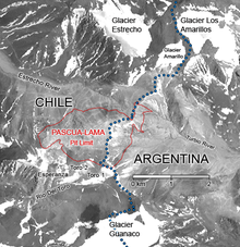 Satellite view of the project area showing the proposed Pascua-Lama open pit in red PascuaLamaPlanMap.png