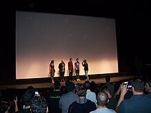 Q&A session after the second screening of Pearl Jam Twenty at the 2011 Toronto International Film Festival with the band's frontman Eddie Vedder (far right) PearlJamTwenty-TIFF.jpg