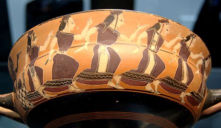 The abduction of Thetis. Peleus forces access to the burning altar where Nereids dance, overlap frieze on a Siana cup by the C Painter, c. 560 BC, Munich State Collection of Antiquities