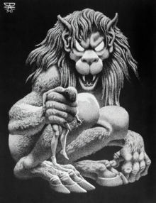 A large ghoul, resembling hoofed humanoid lion, holding a dead man in its fist