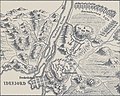 Plan of the Siege of Frederiksten 1718. Key to the letters: a) The Fort Gyldenløve b) The Great Tower c) Overbjerget d) The hut of Karl XII e) The place where Karl XII was shot f & g) Swedish trenches h) Swedish artillery positions