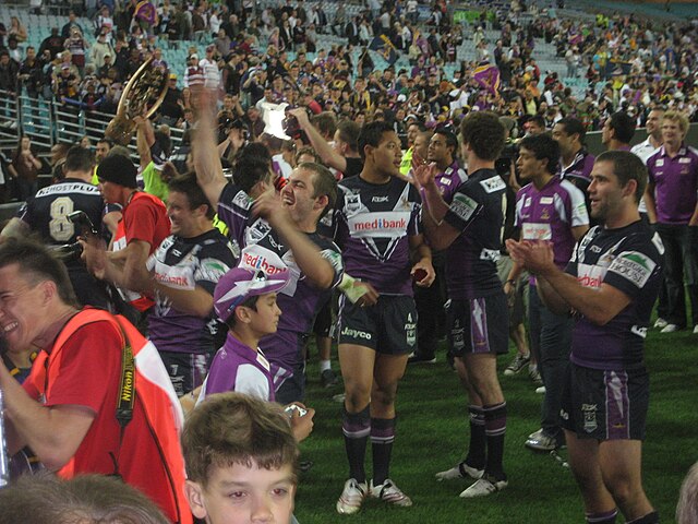 Storm players celebrating their Premiership win in 2007 (later disqualified by NRL)