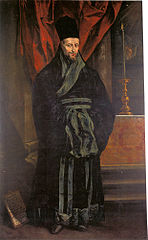 A portrait painting of Nicolas Trigault wearing the shenyi and a sifang pingding jin (四方平定巾) hat.