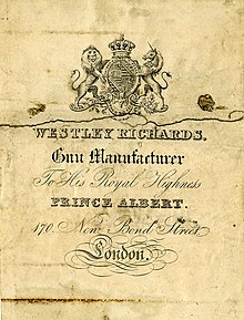 Westley Richards trade card with Prince Albert's royal warrant, c.1840 Print, trade-card (BM Heal,69.53).jpg