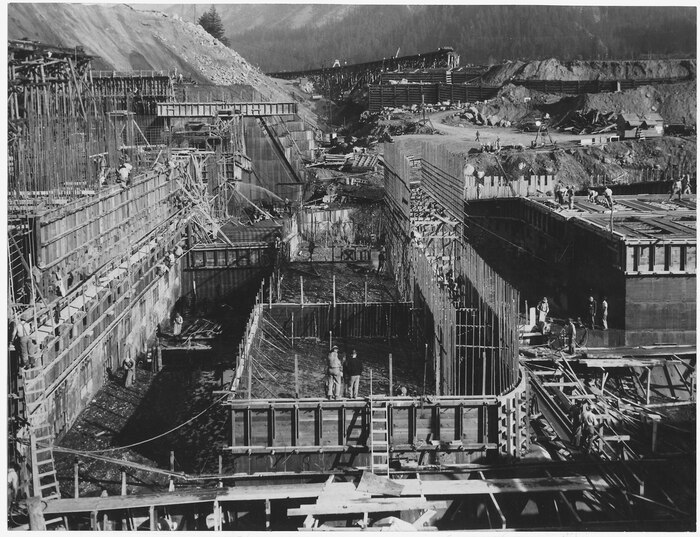 Public Works Administration Project and U.S. Army Corps of Engineers constructing Bonneville Dam in Oregon