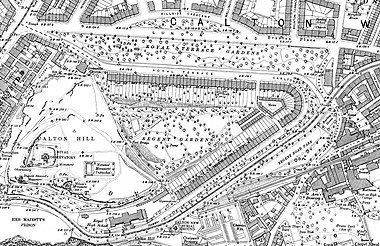 The Regent, Royal and Carlton Terrace Gardens on an ordnance survey map from 1890s Regent Gardens, Edinburgh, Ordnance Survey map 1890s.jpg