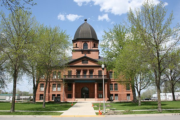 Many county seats in the United States feature a historic courthouse, such as this one in Renville County, Minnesota.