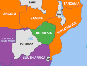 Geopolitická situace po získání nezávislosti Angoly a Mosambiku roku 1975.      Rhodésie      Jihoafrická republika      Státy podporující nacionalistické guerrilly
