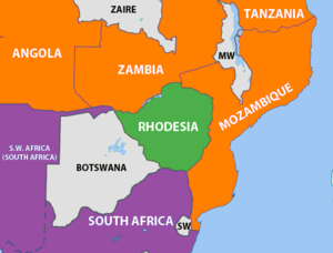 Геополітична ситуація після проголошення незалежності Анголи та Мозамбіку в 1975 році.     Родезія      Південна Африка та Південно-Західна Африка      Держави, які надавали підтримку повстанцям